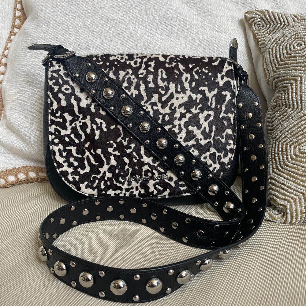 Michael Kors Hayes Calf Hair Crossbody Bag | Black & White Studded Strap, NWOT